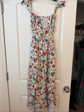 Floral Ruffle Maxi Dress in White with Red & Green Print